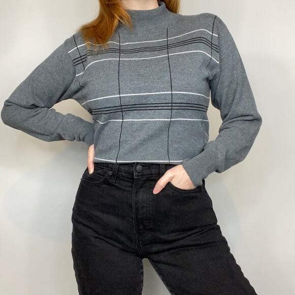 Vintage Y2K Dressbarn Large Gray & White Plaid Stripe Mockneck Sweater - Picture 2 of 11